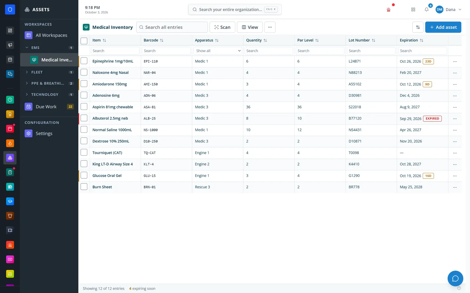 Medical inventory workspace with lot numbers and expiration flags