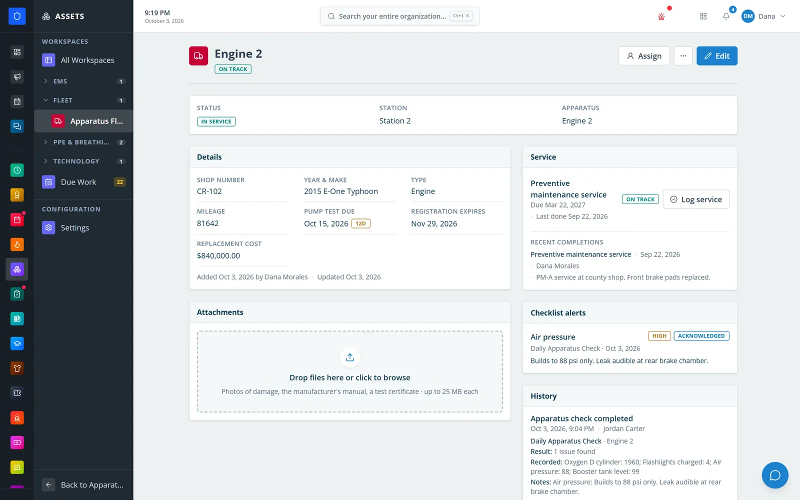 Engine record profile with service, checklist alert, and history panels