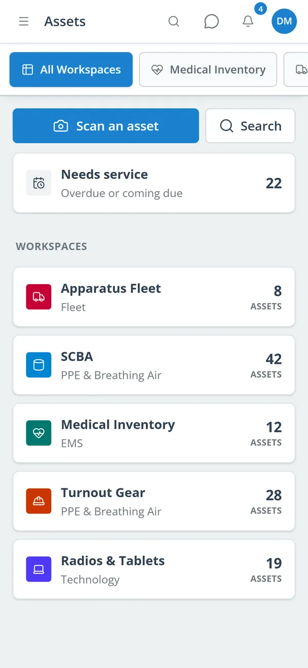 Phone view of asset workspaces with a scan button