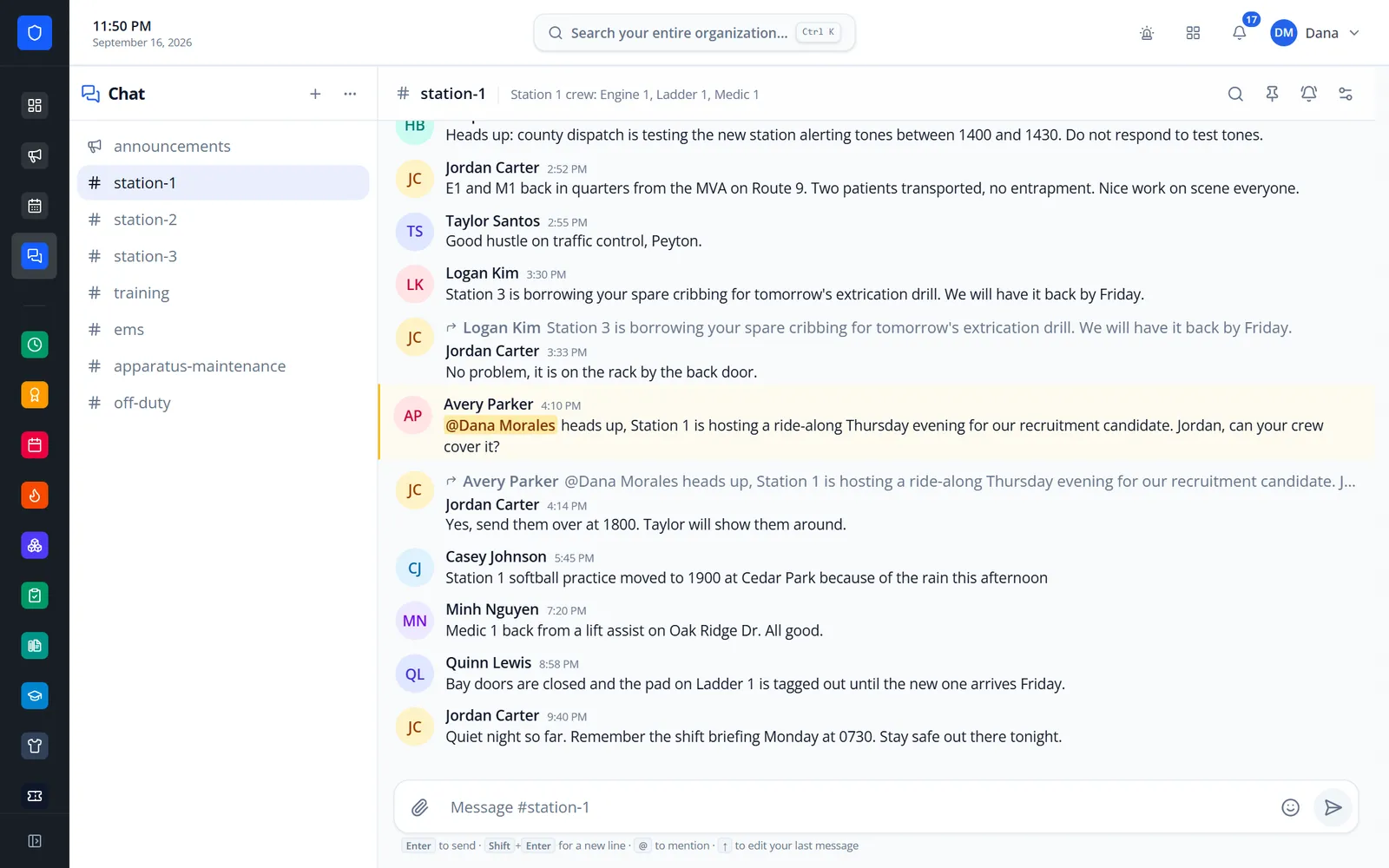 Chat channel with replies and a mention