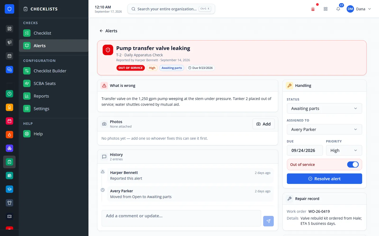 Alert detail with status, assignee, and repair record