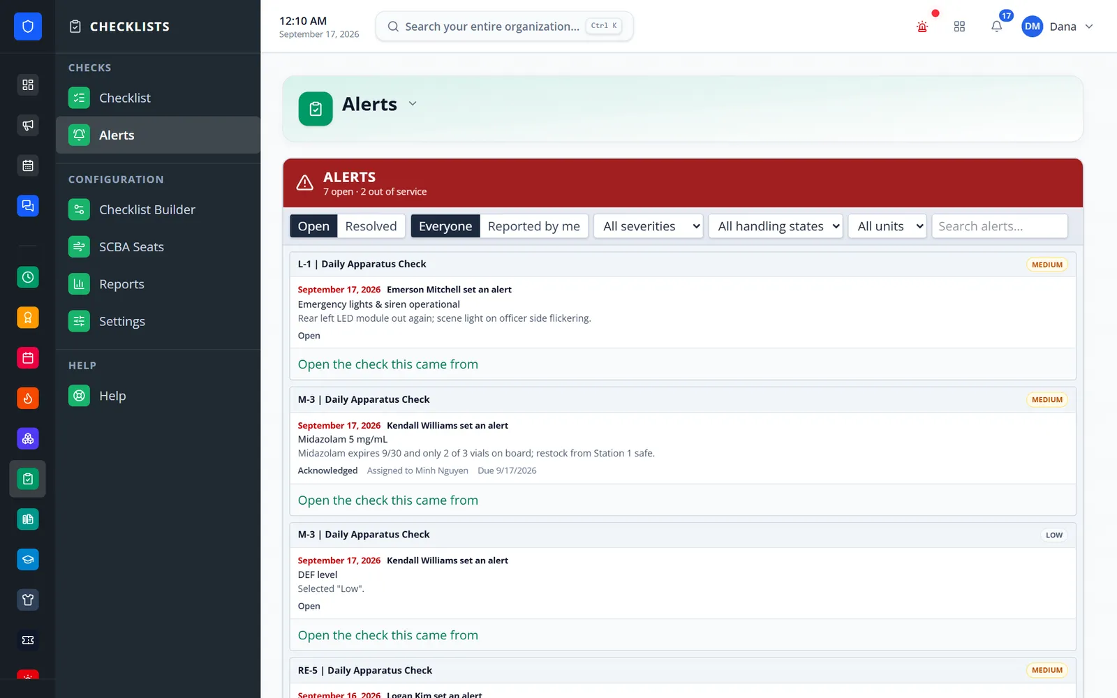 Checklist alerts list with filters