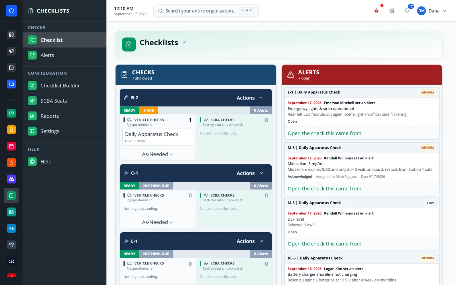 Checklists board with apparatus cards and open alerts