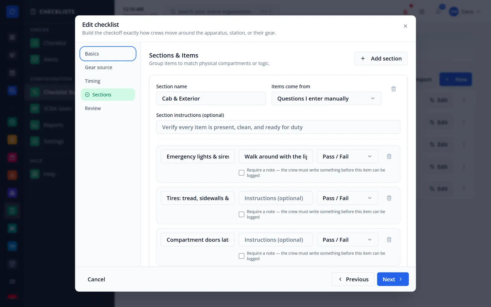 Checklist editor sections step