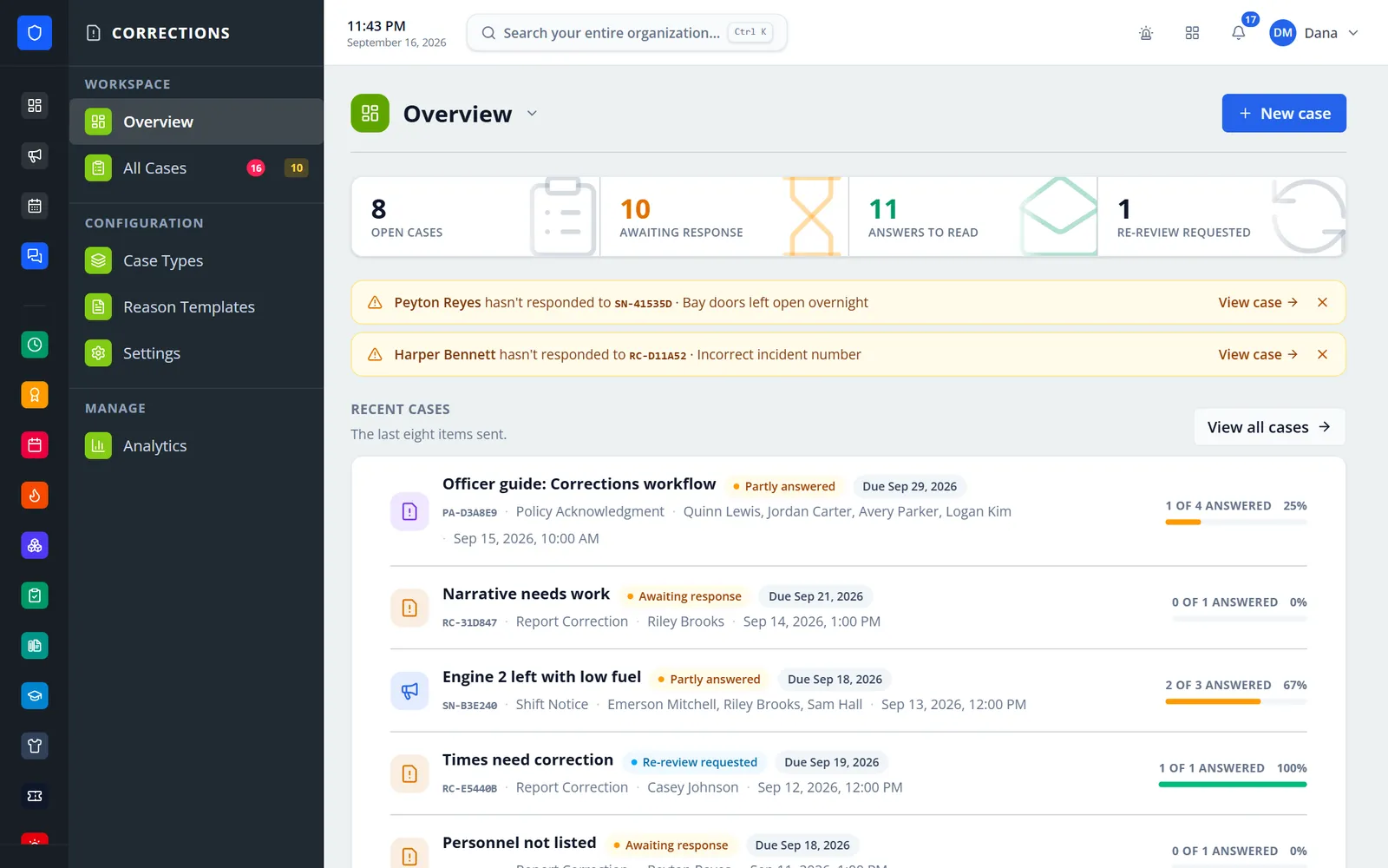 Corrections dashboard with alerts