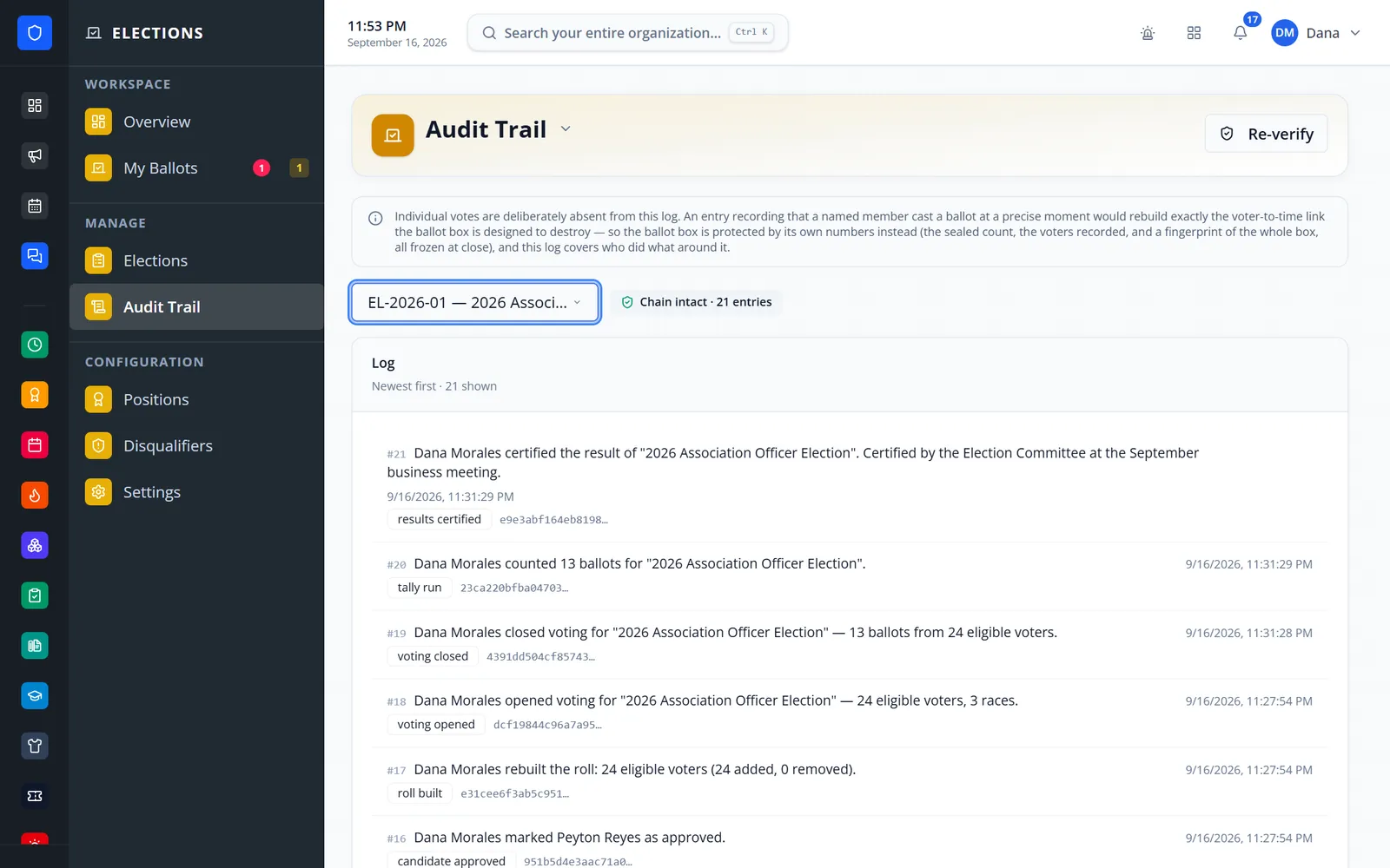 Election audit trail with an intact chain