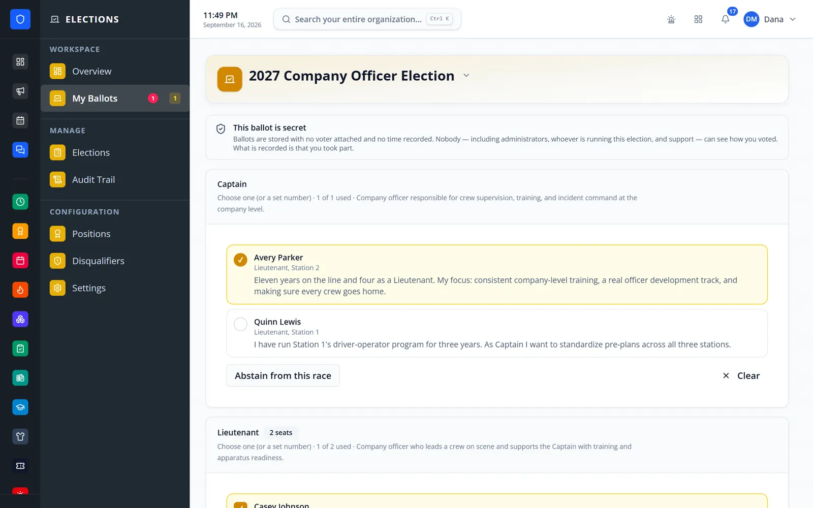 Election ballot with a selected candidate