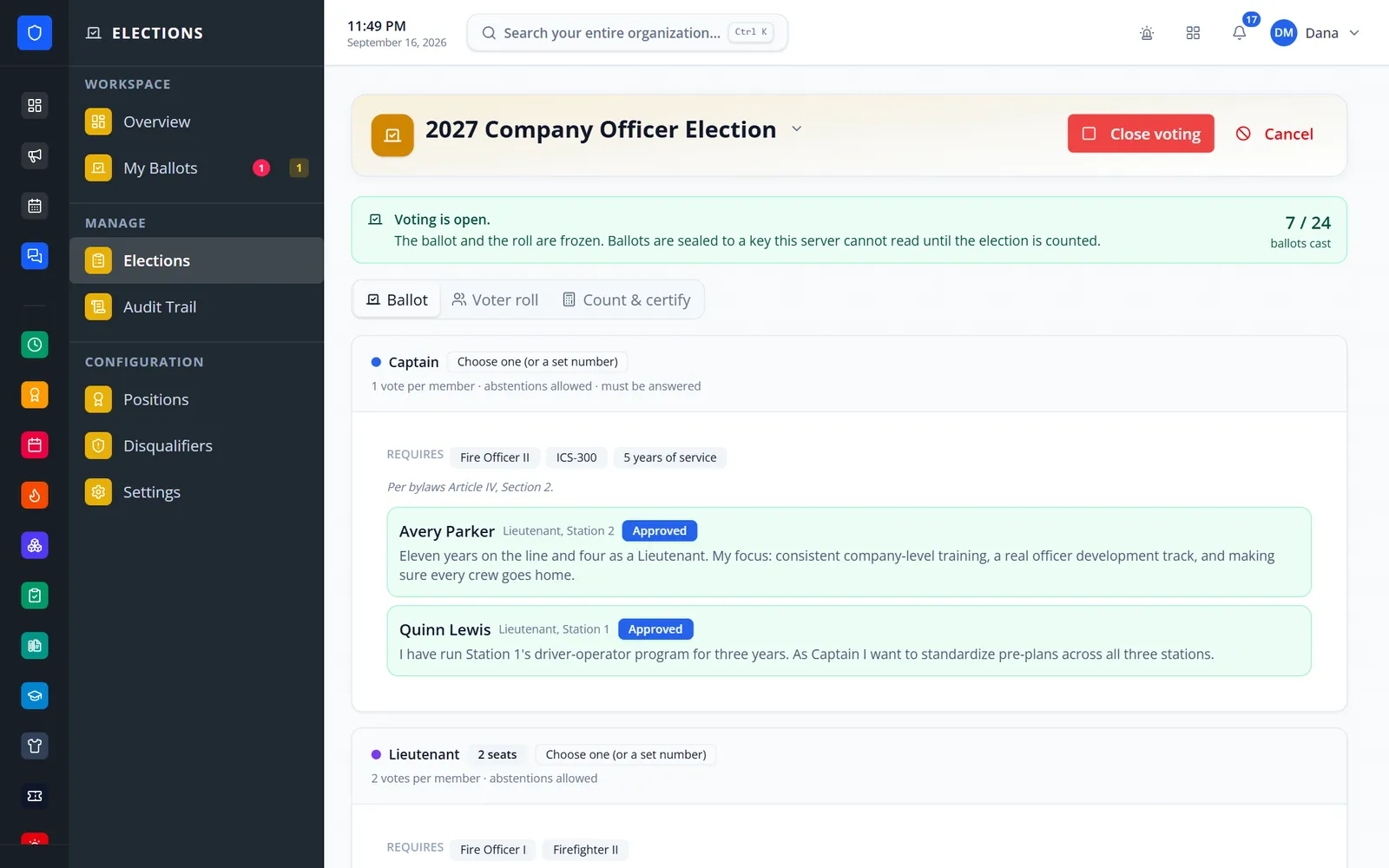Election admin page