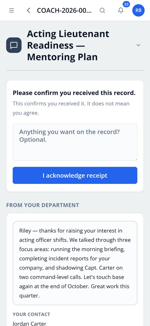 Member acknowledging a record on a phone