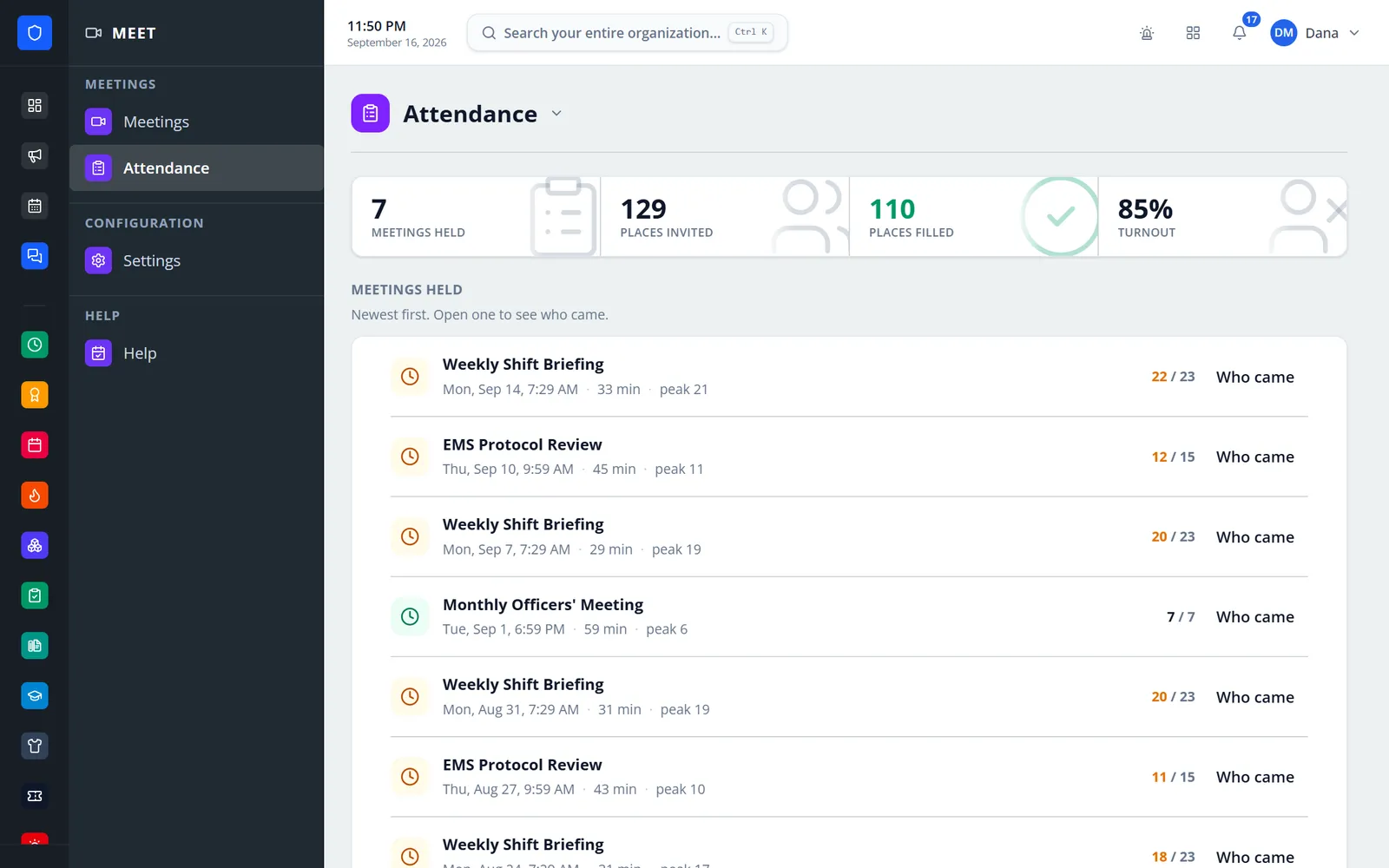Meet attendance report