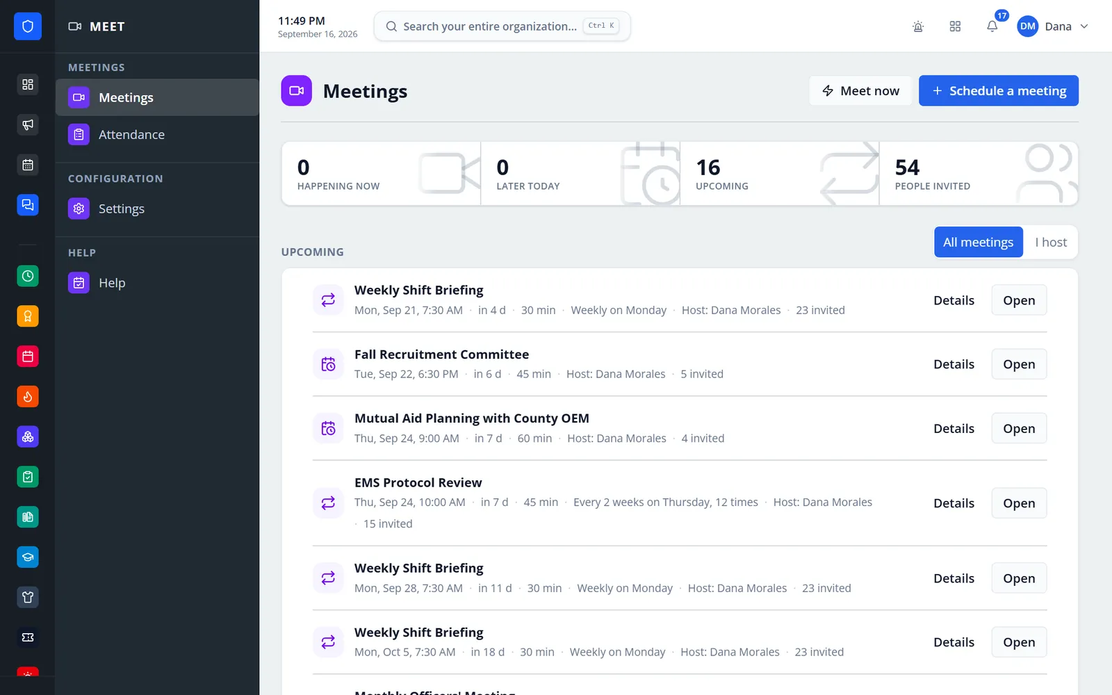 Meet meetings list