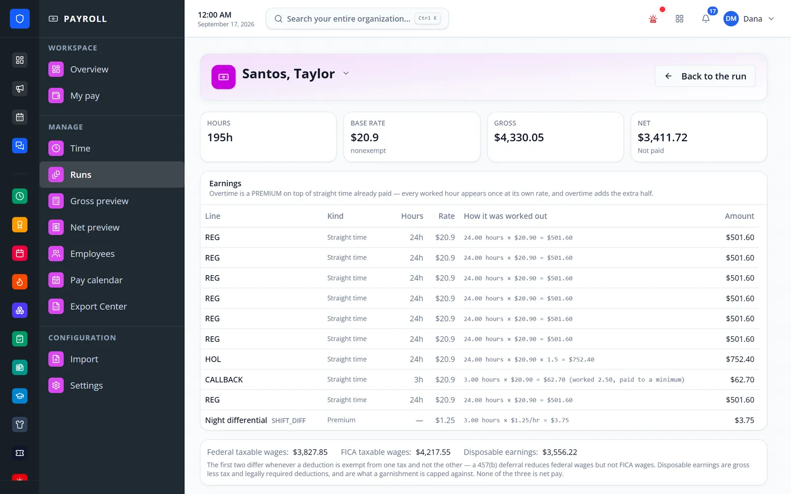 Employee earnings with calculation notes
