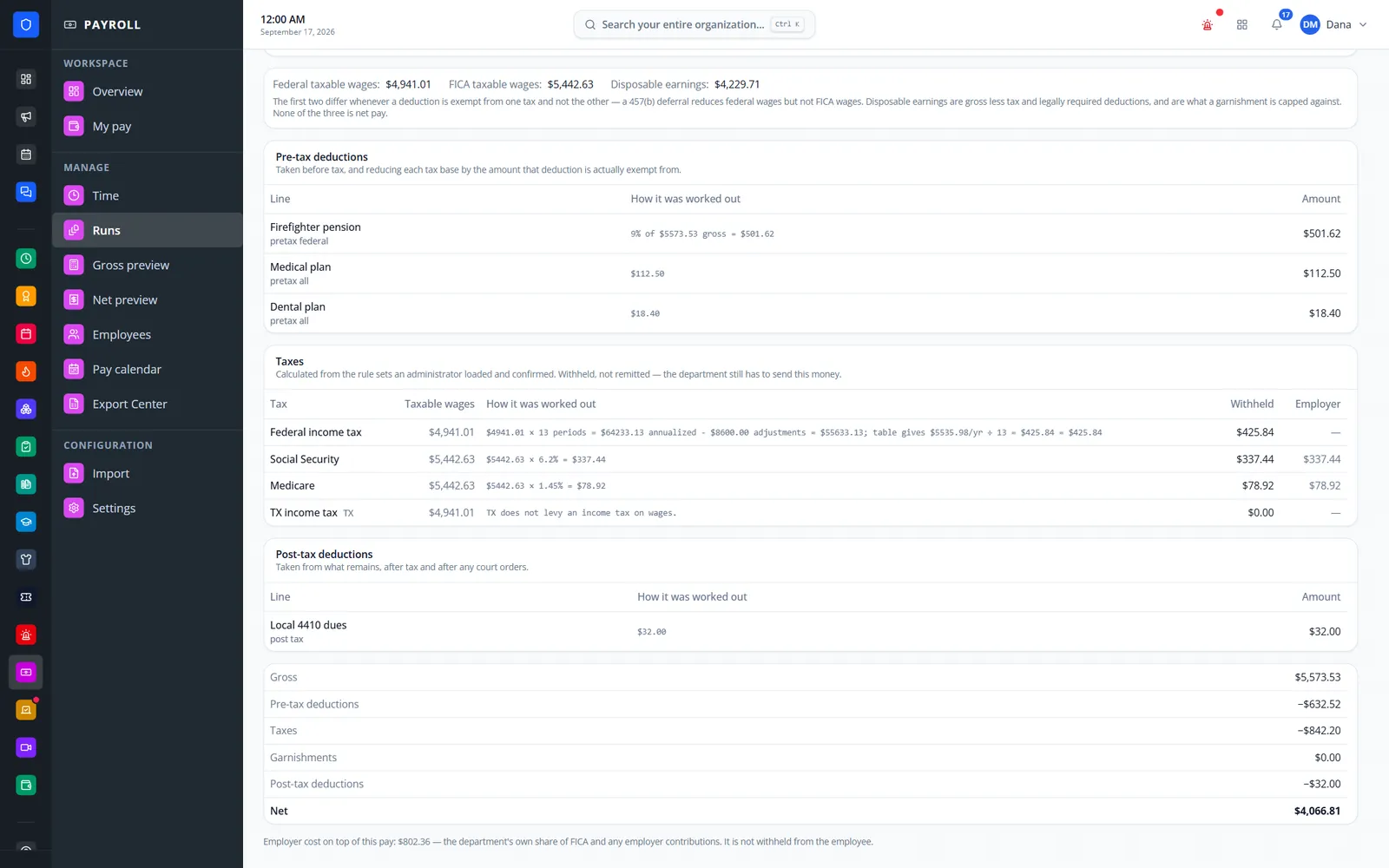 Itemized paycheck breakdown with formulas