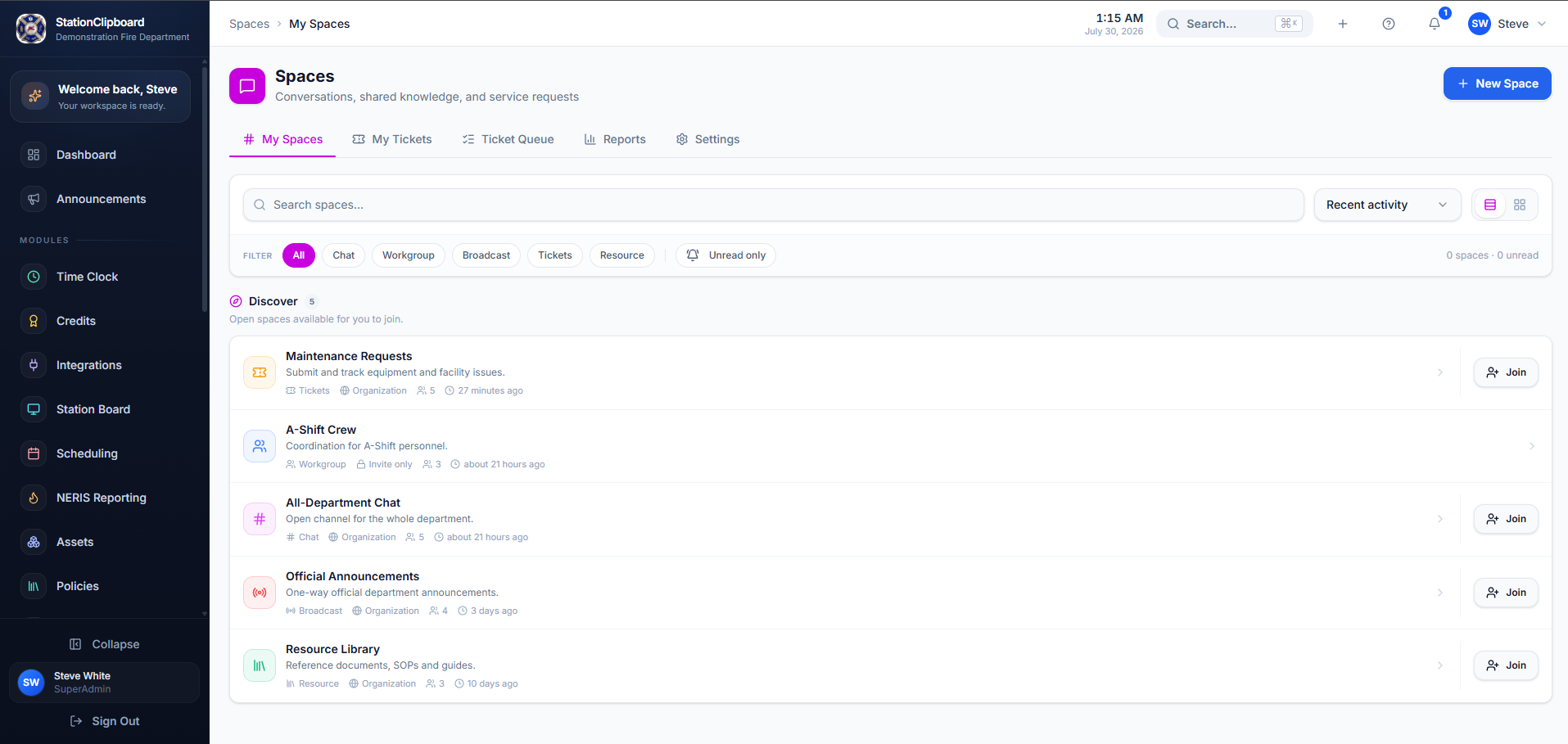 Station Clipboard Spaces communication hub