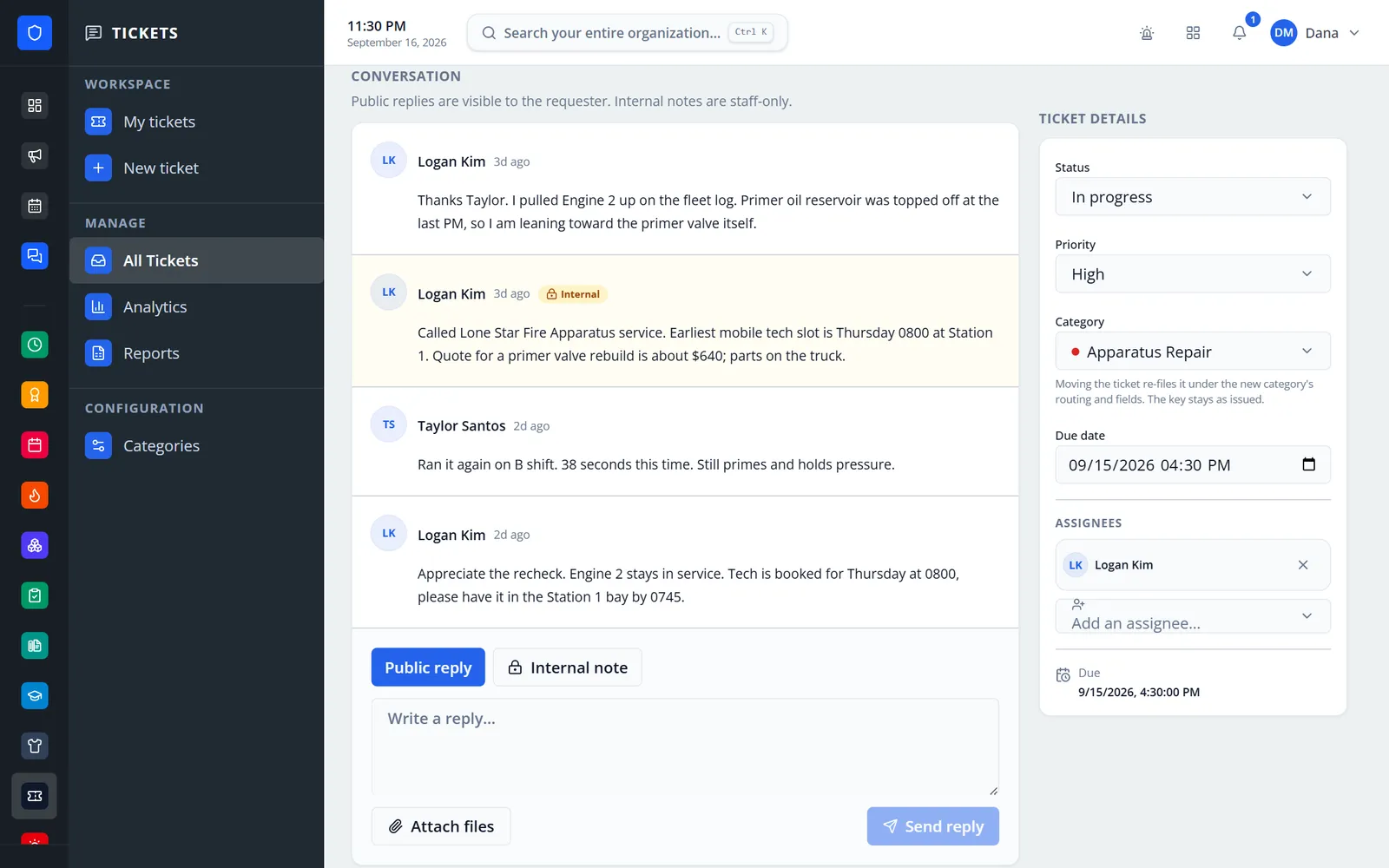 Ticket conversation with an internal note