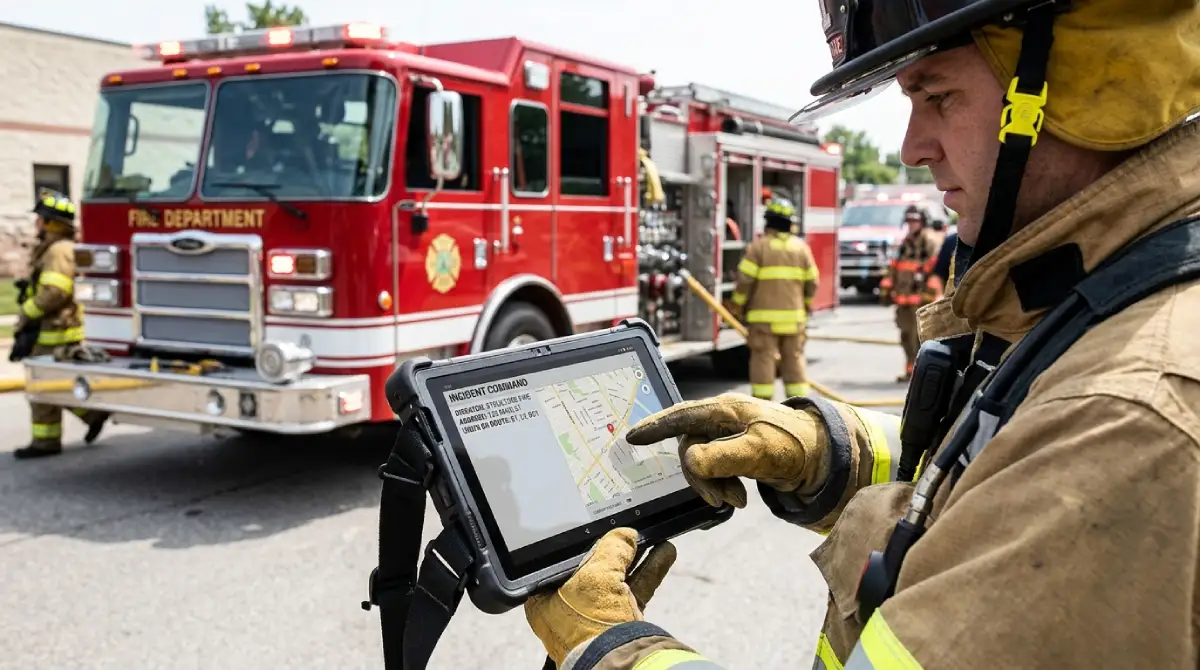 Firefighters using department tablets