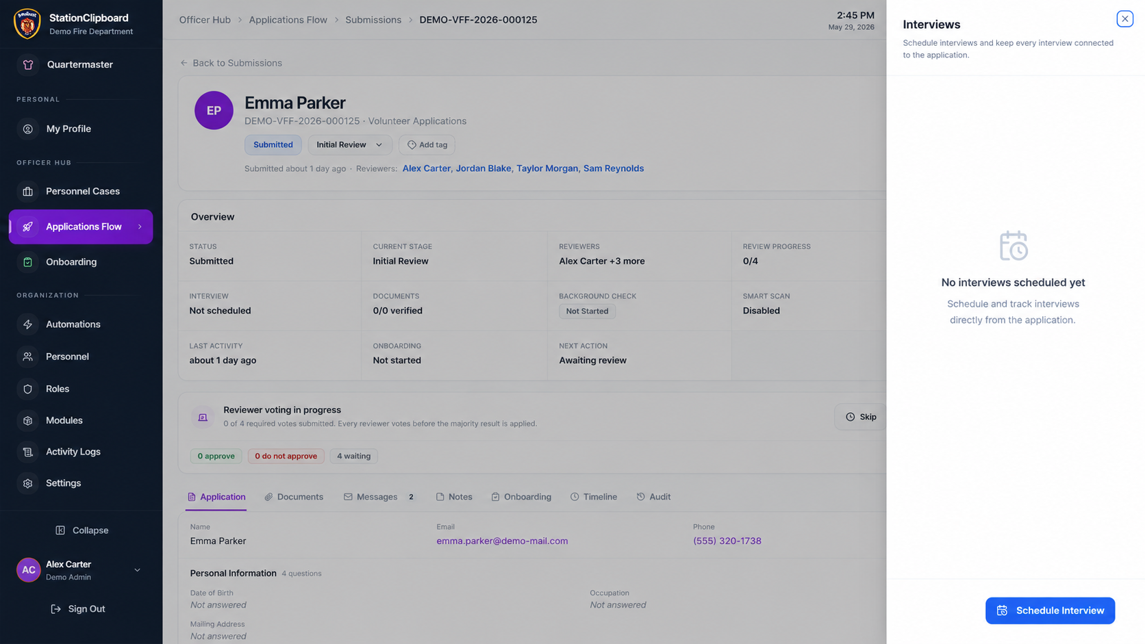 Volunteer applicant record with review and interview workflow