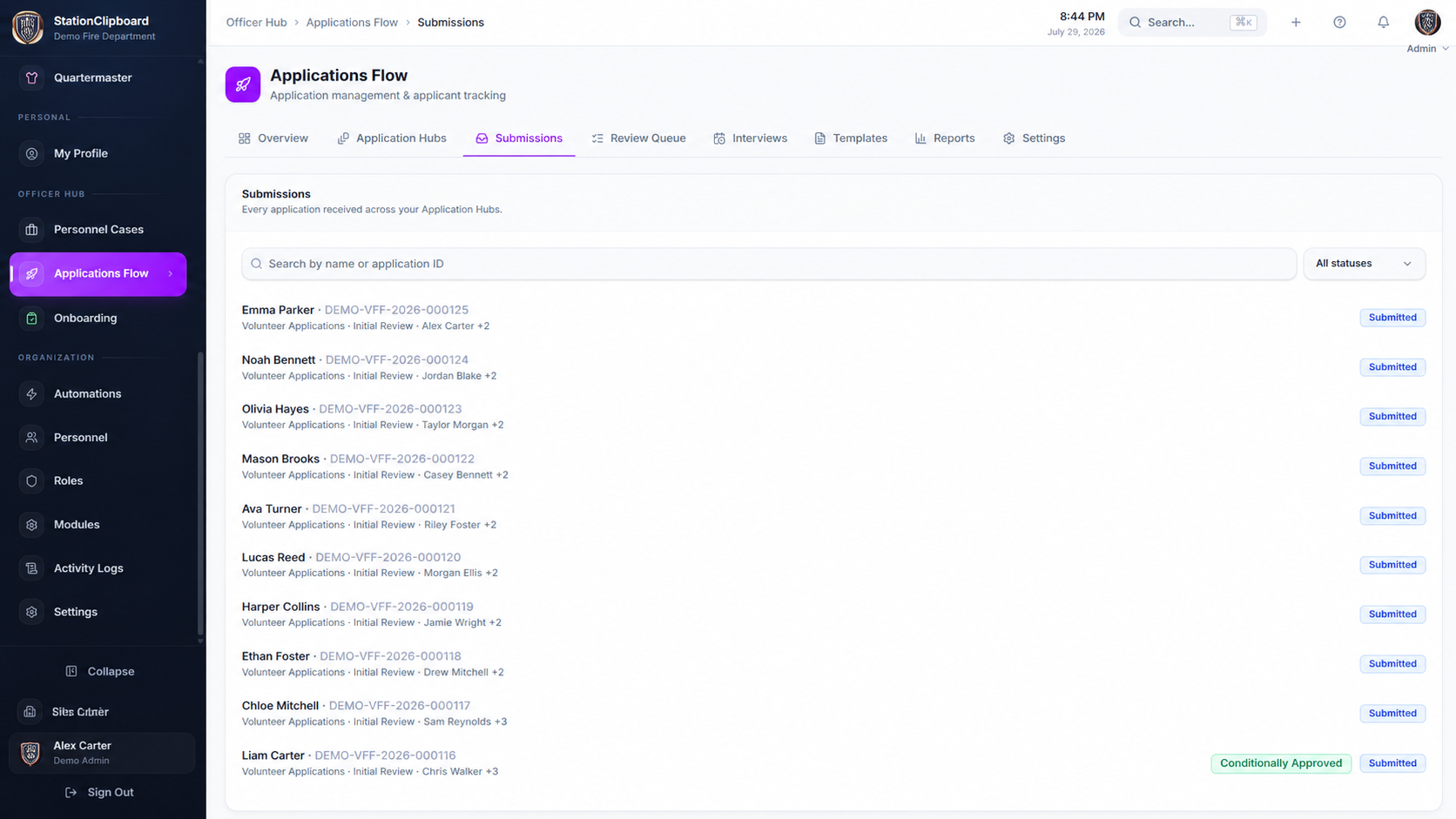 Applications Flow submission management inside Station Clipboard